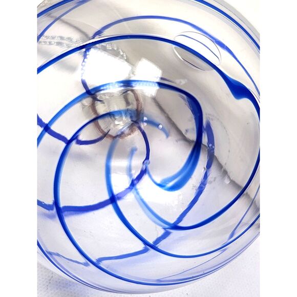 Hand Blown Glass Ornament Clear & Cobalt Blue Swirl Large 4" Holiday Art Ball - Picture 4 of 6